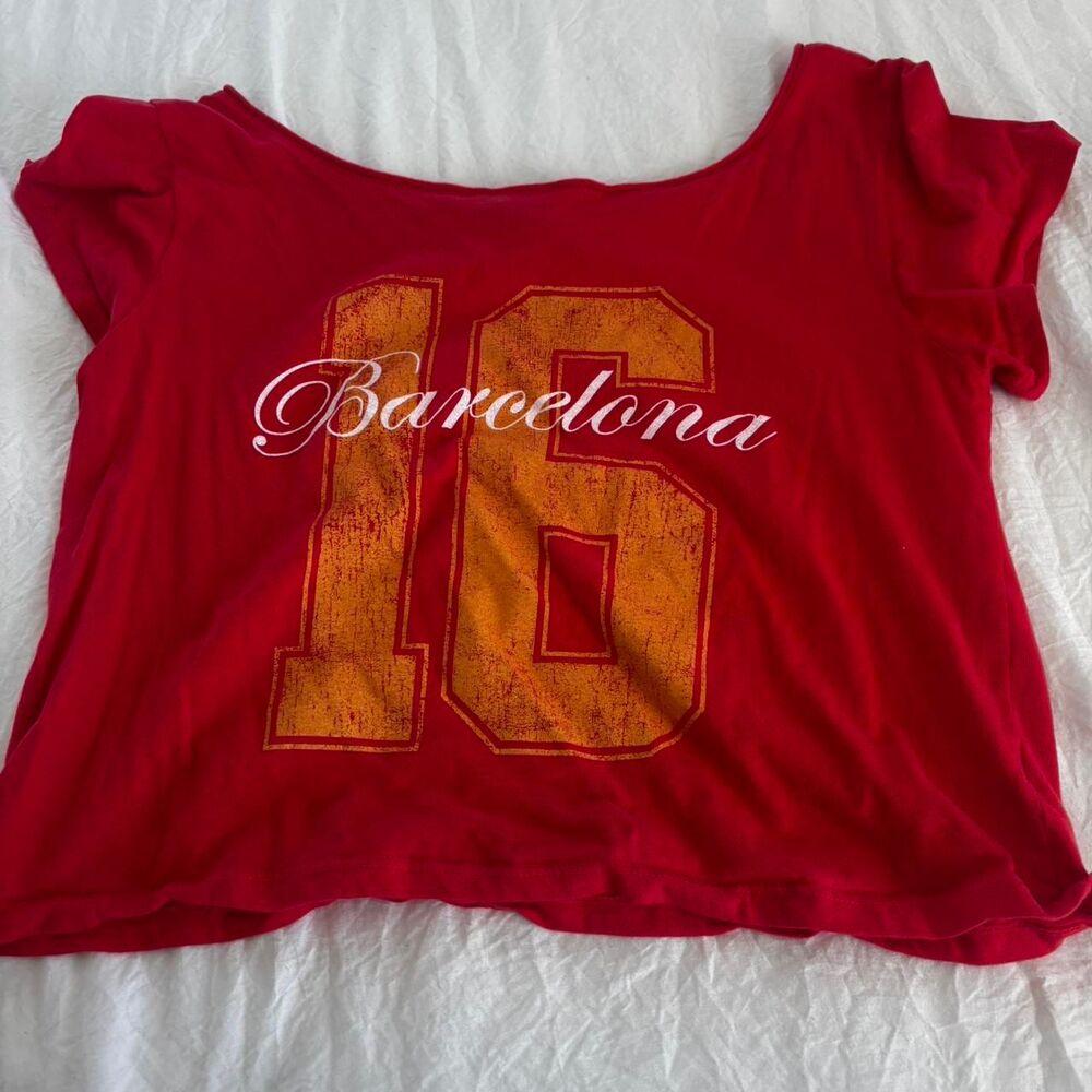 DILLARDS Barcelona Jersey Off The Shoulder Red White Medium Women's Red Crop-top